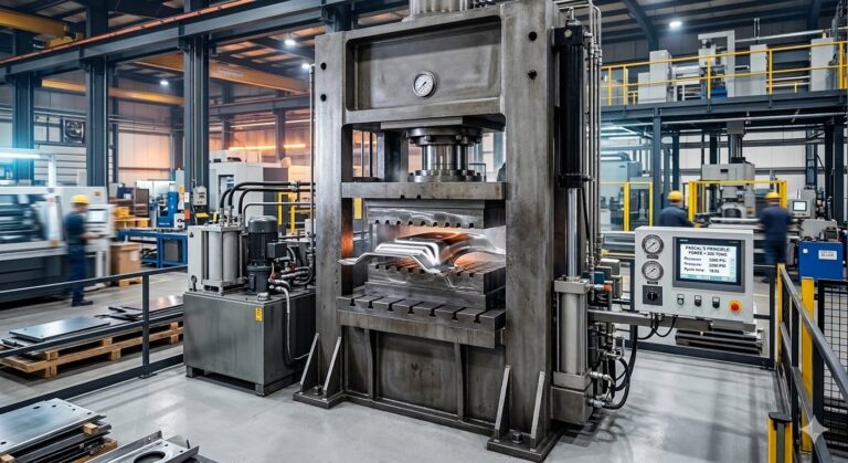 A large industrial H-frame hydraulic press stamping a metal automotive component in a high-tech factory setting with workers and digital control panels.