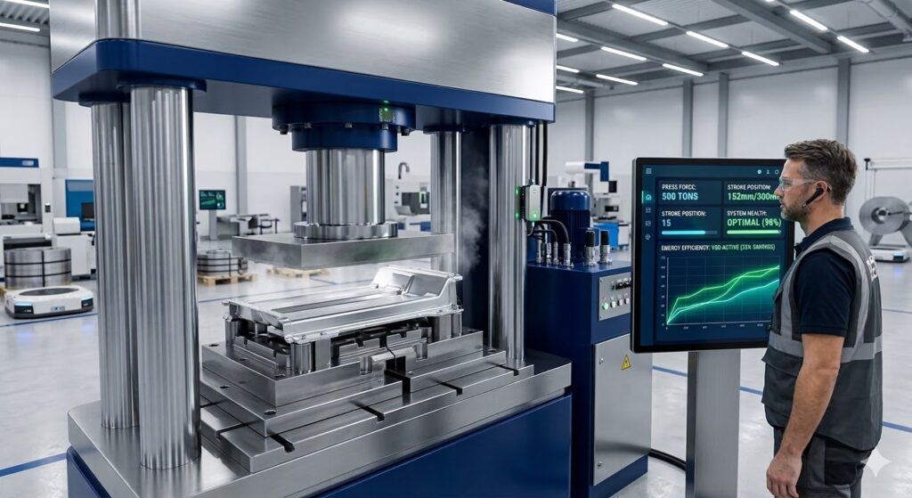 A high-tech blue hydraulic press in a clean modern factory being operated by an engineer via a digital touchscreen interface showing real-time pressure data.