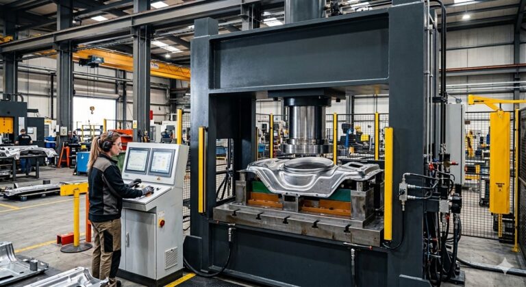A professional female engineer operating a large CNC hydraulic press in a modern industrial factory, forming a complex metal part with high precision.