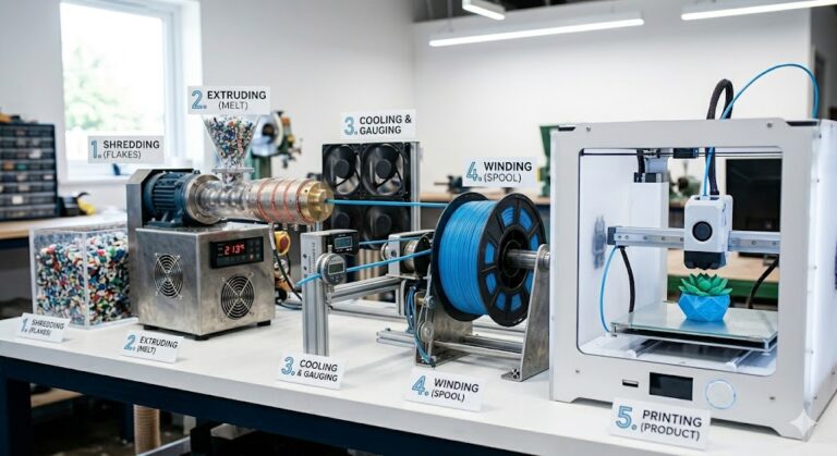 A 5-step desktop plastic recycling and 3D printing setup showing plastic flakes being extruded, cooled, and wound into a blue filament spool, which is then used by a 3D printer to create a small succulent planter.